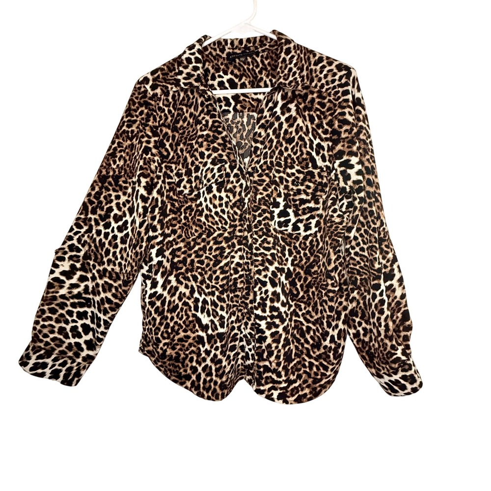 Adrienne Vittadini Leopard Print Button Down Blouse L Animal Mob Wife Y2K
